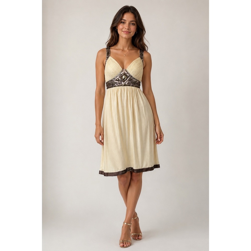 Sue Wong Silk Dress Women 4 Champagne Gold Beaded Goddess Empire Waist Babydoll‎